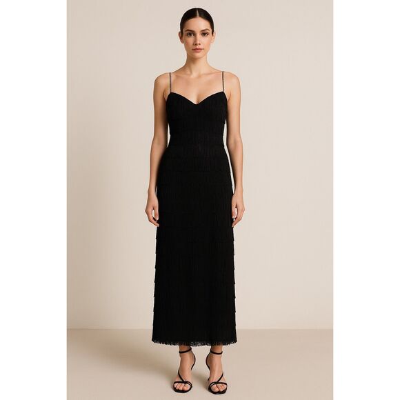 Vintage Inspired Black Fringe Maxi evening Gown With Rhinestone Straps - Picture 1 of 12